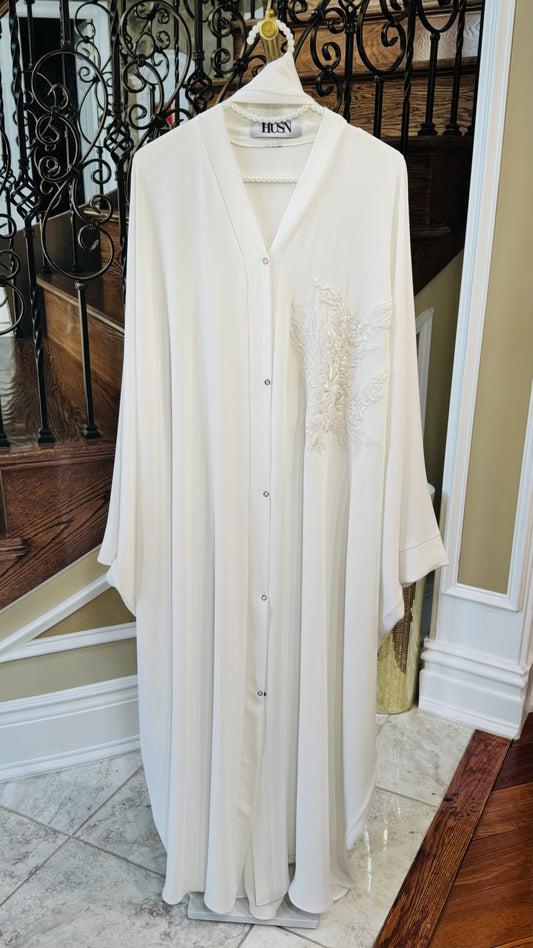White Pearl Embroidered Butterfly Abaya