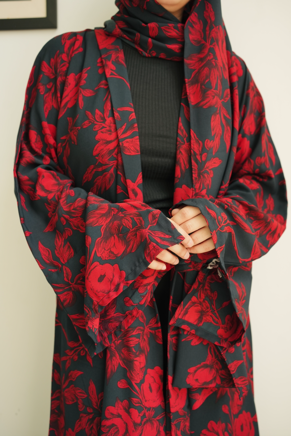 Printed Chiffon Abaya Sets - Rich Red Bloom