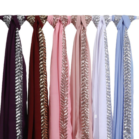 Sequin Embroidered Chiffon Hijab (Leaves Design)