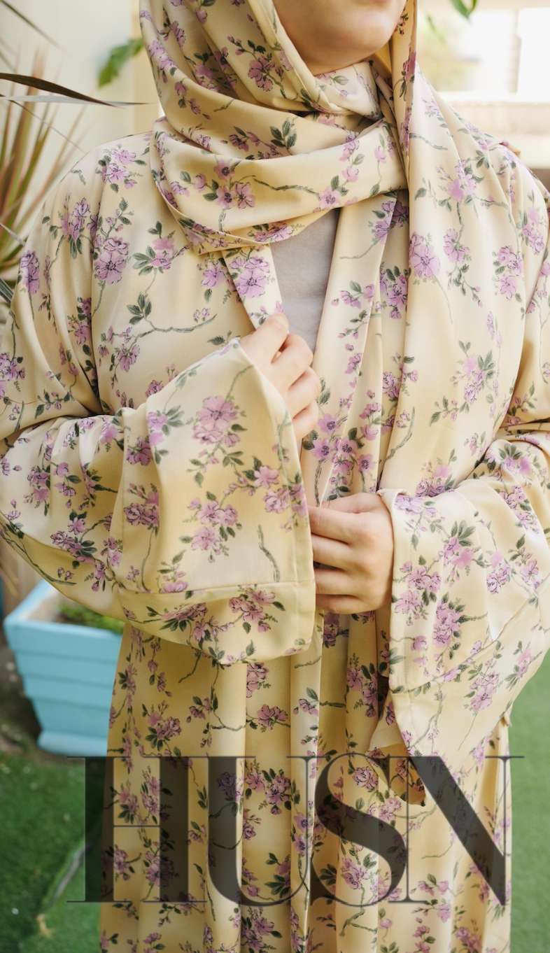 Printed Chiffon Abaya Sets - Lemon Lilac