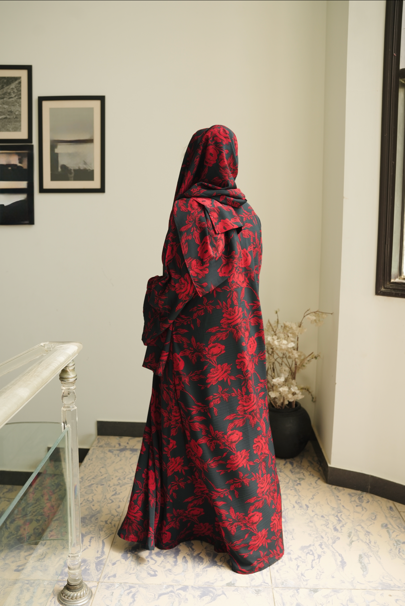 Printed Chiffon Abaya Sets - Rich Red Bloom