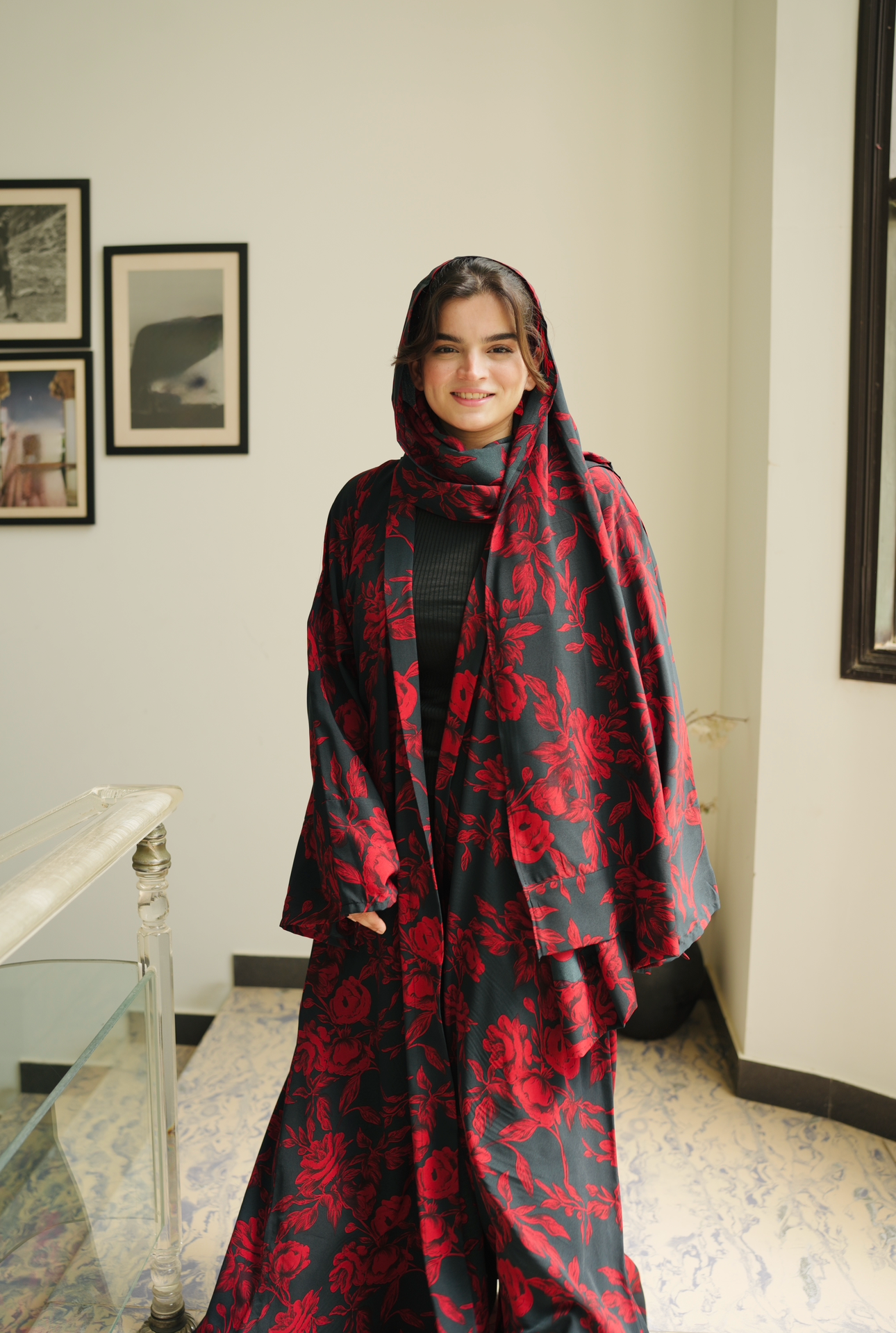 Printed Chiffon Abaya Sets - Rich Red Bloom