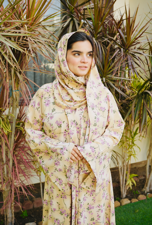 Printed Chiffon Abaya Sets - Lemon Lilac