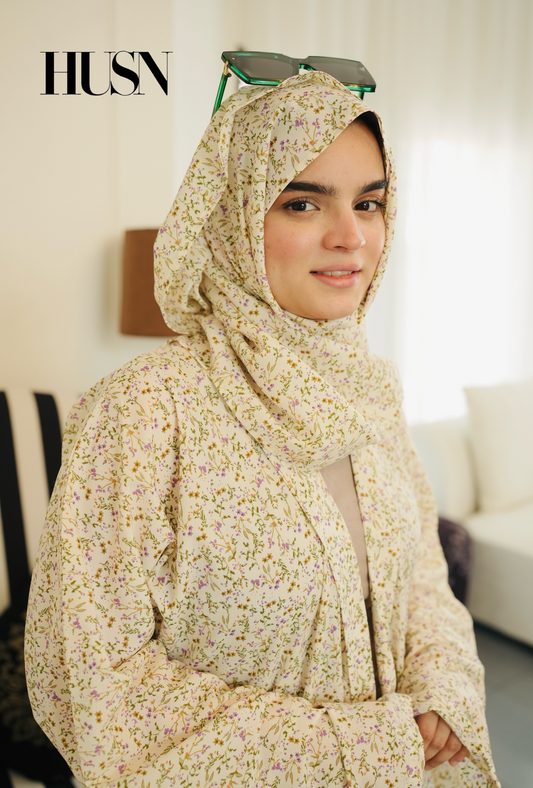 Printed Chiffon Abaya Sets - Ivory Floral Dream
