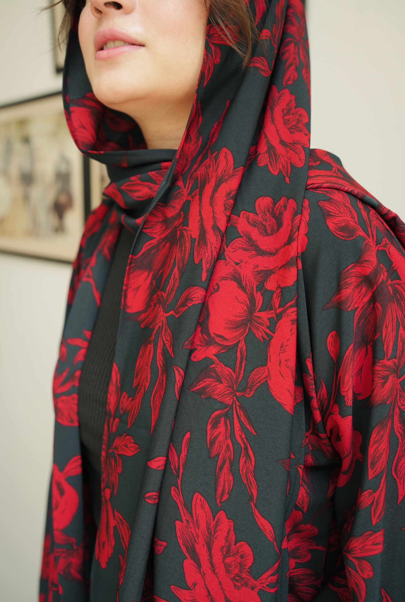 Printed Chiffon Abaya Sets - Rich Red Bloom