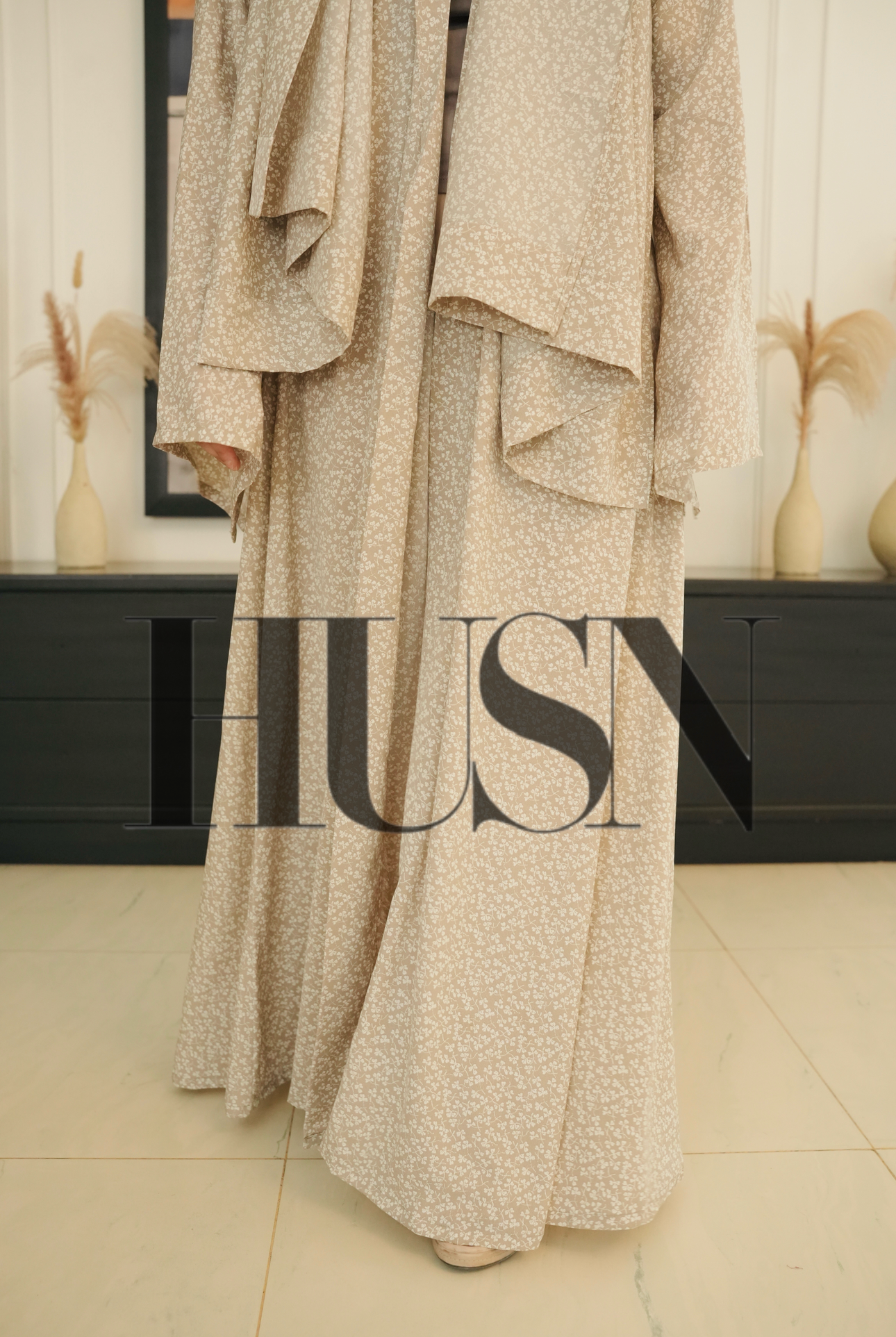 Printed Chiffon Abaya Sets - Tan Whisper