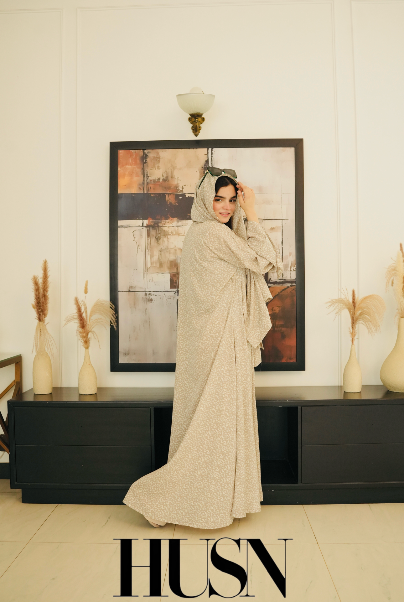 Printed Chiffon Abaya Sets - Tan Whisper