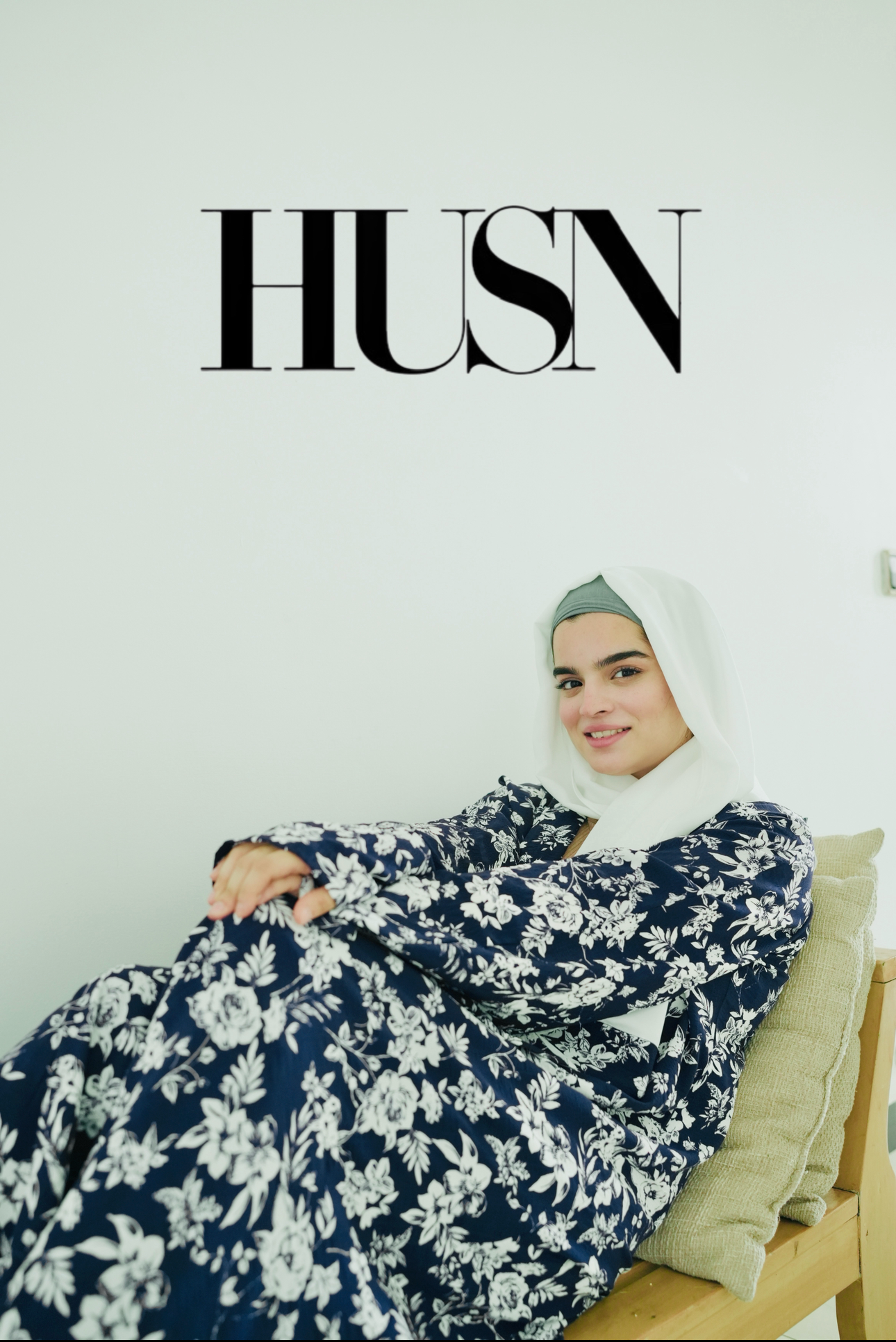 Printed Chiffon Abaya Sets - White Bloom on Navy