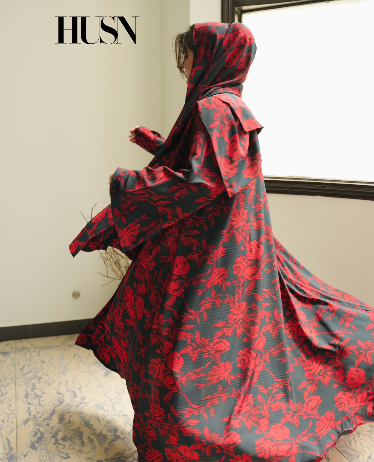 Printed Chiffon Abaya Sets - Rich Red Bloom