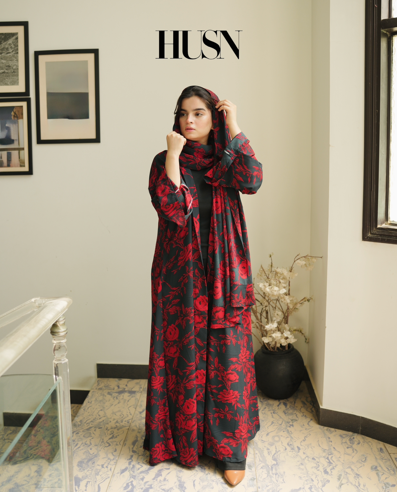 Printed Chiffon Abaya Sets - Rich Red Bloom