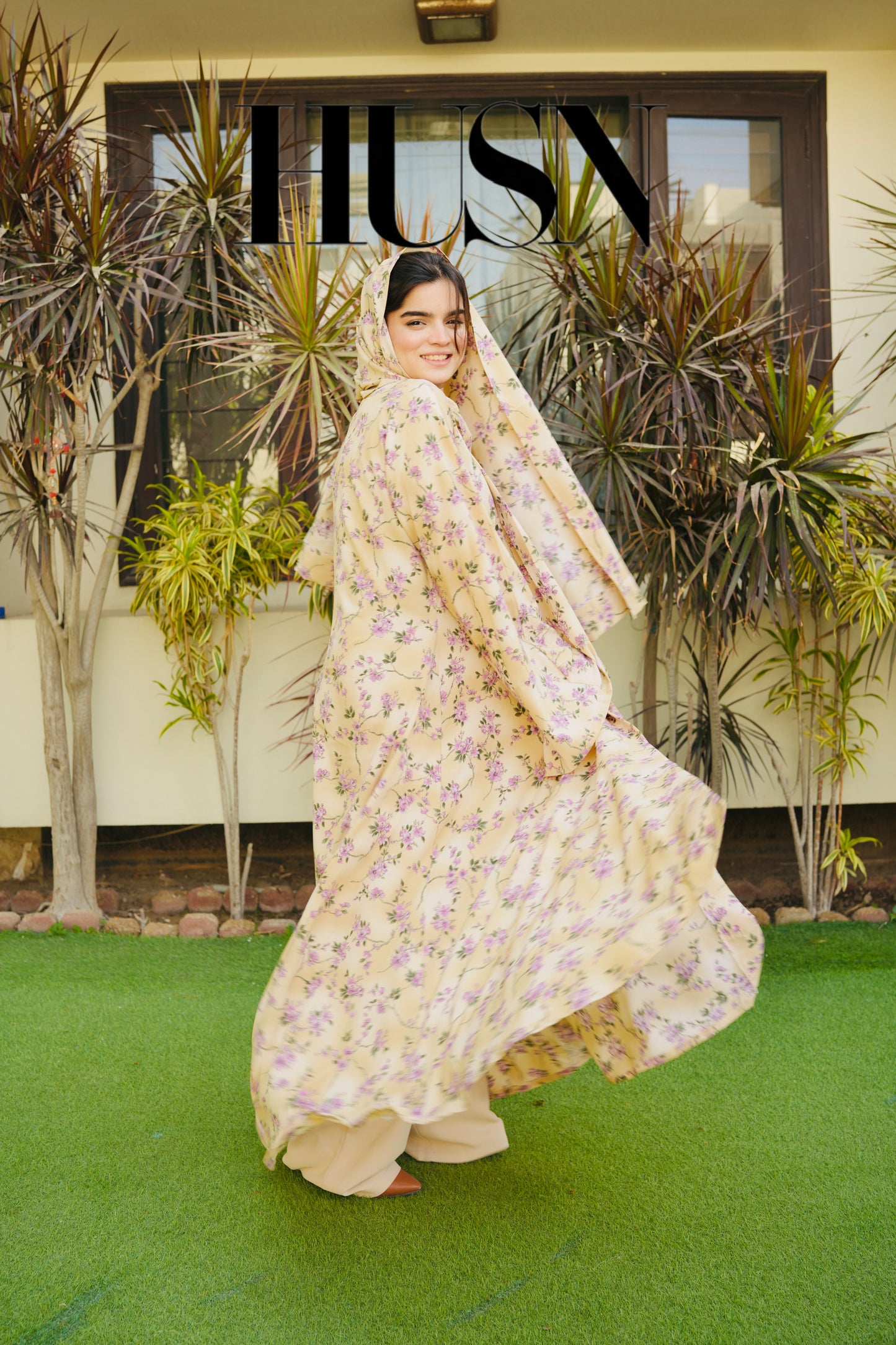 Printed Chiffon Abaya Sets - Lemon Lilac